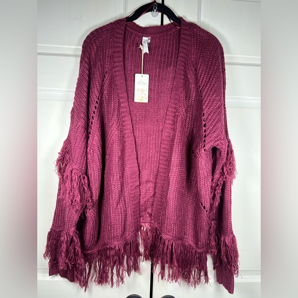NWT L Love Elegant Fringe Open Knit Cardigan Oversized Rich Burgundy Size Small
